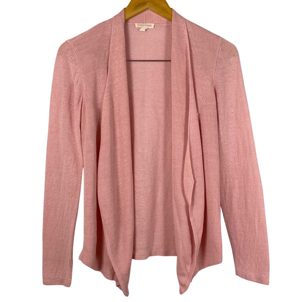 Eileen Fisher Pink Open Front Waterfall Cardigan 100% Organic Linen XS‎ Coquette